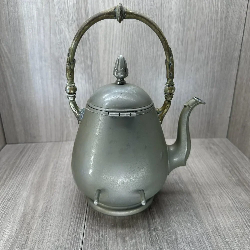 Vintage Decorative Metal Teapot with Ornate Brass Handle Hinged Lid Silver Tone